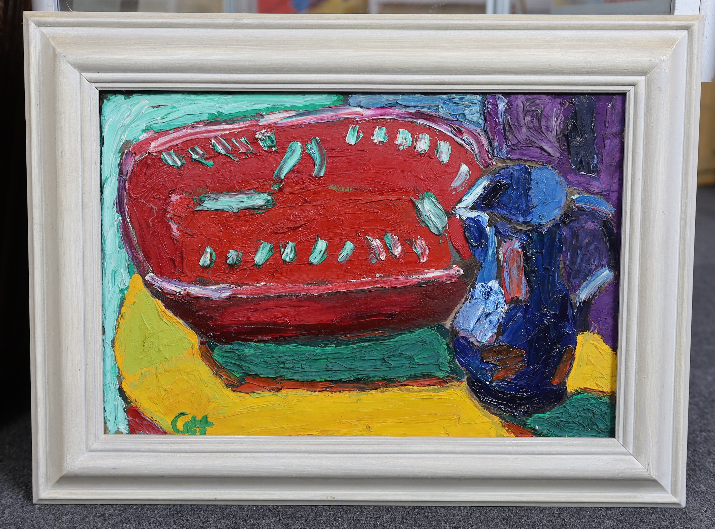 George Hooper (British, 1910-1994), Study of a watermelon and blue jug, oil on canvas, 30 x 46cm